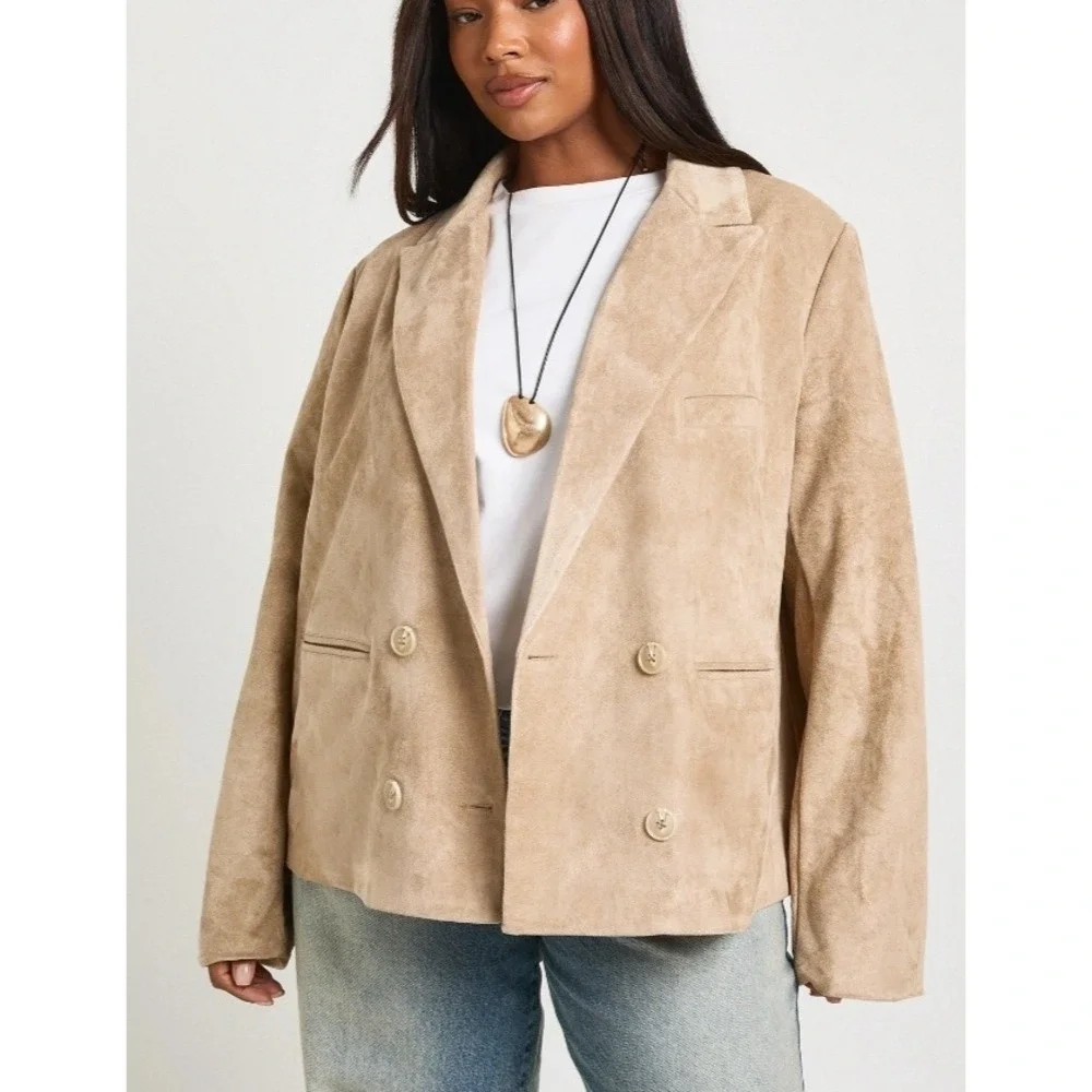 Womens Plus 24 NEW Faux Suede Double Breasted Blazer Stone Tan Relaxed Boohoo